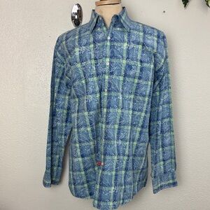 1766 EUC GEORGE STRAIT COLLECTION Blue and Green Paisley Plaid Shirt. SzXL